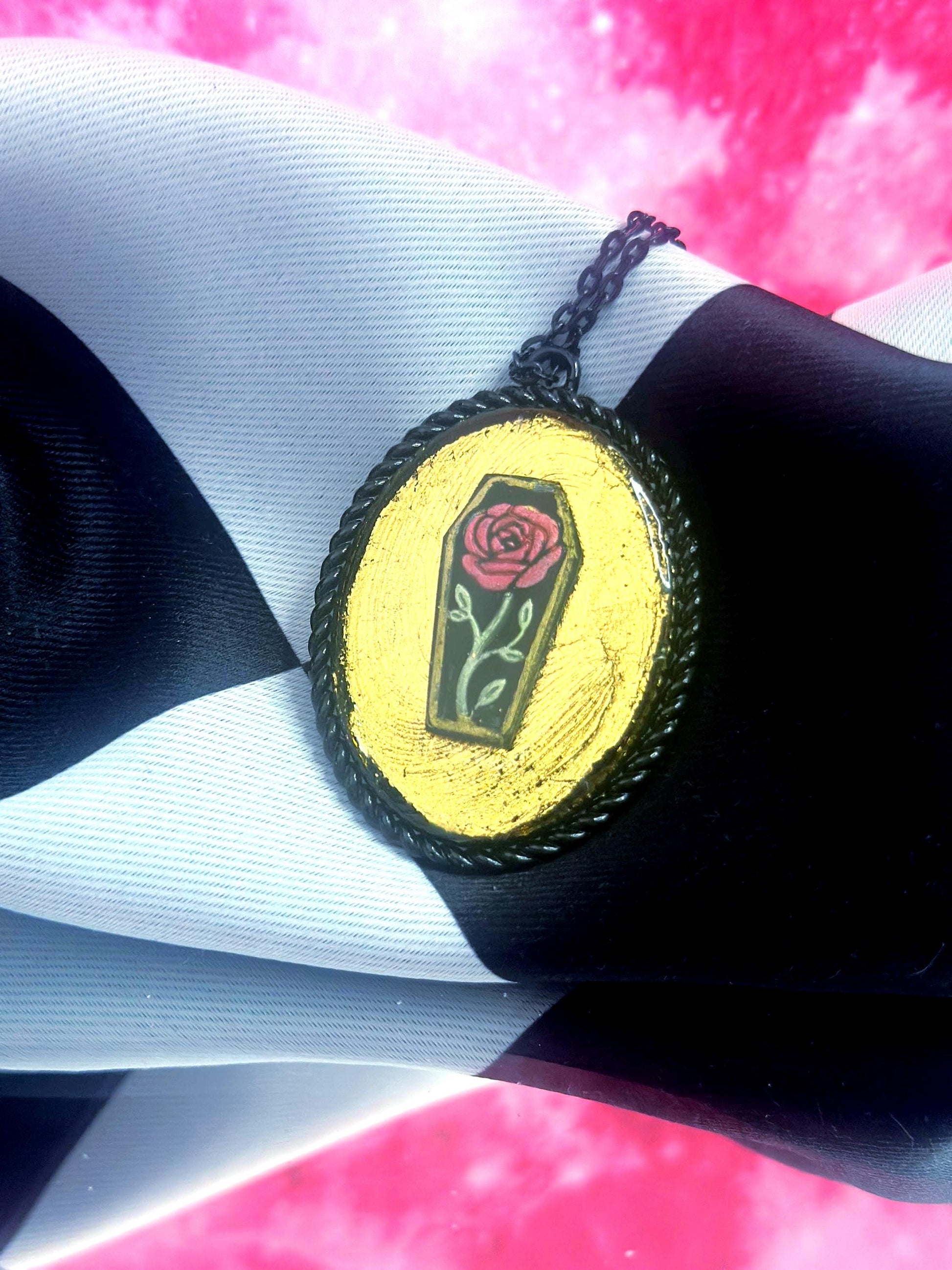 Coffin Rose Necklace — Gothic Relic Pendant, Gold Leaf and Hand Painted Wearable Art, One of a Kind Dark Romance Jewelry