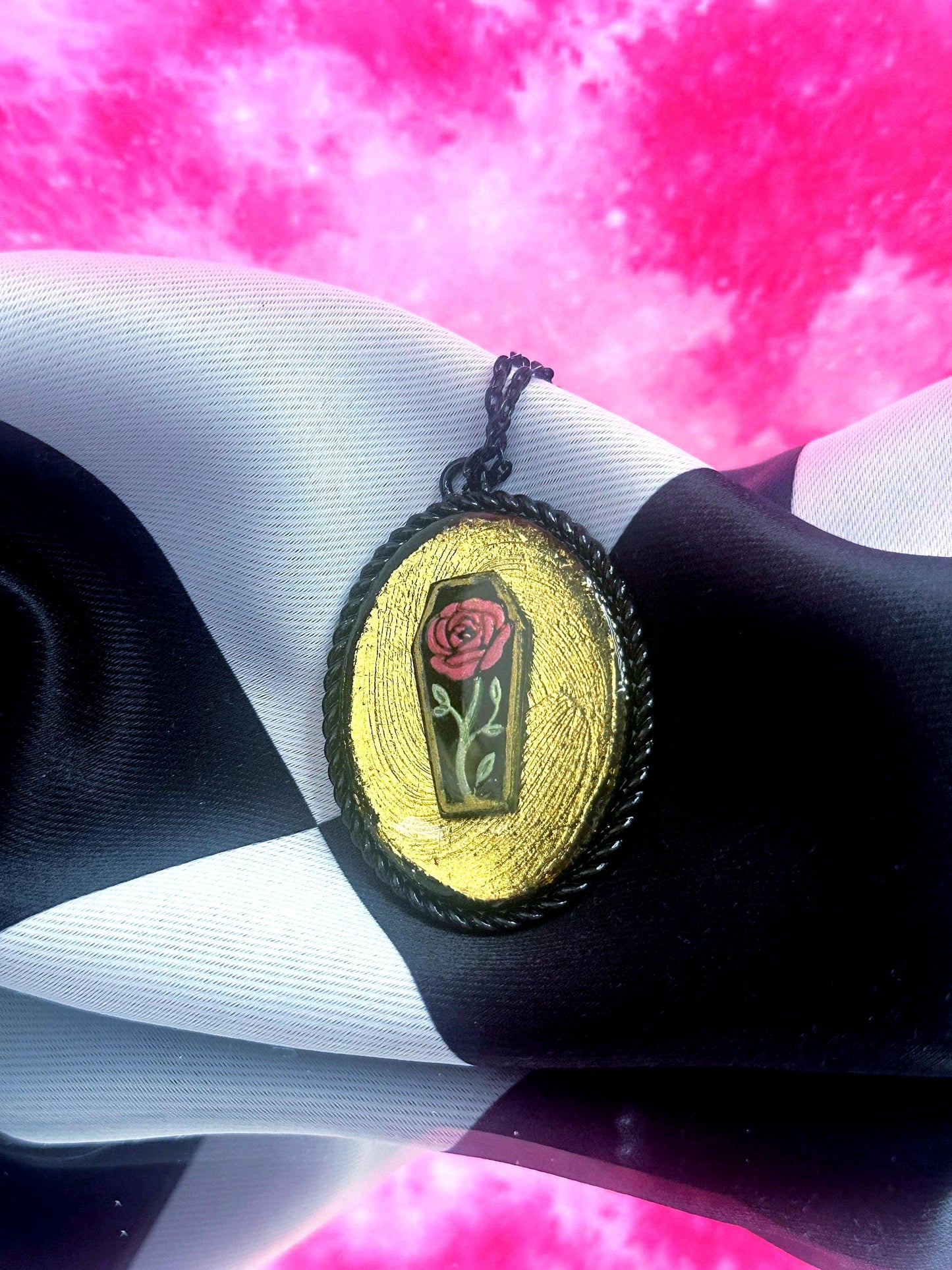 Coffin Rose Necklace — Gothic Relic Pendant, Gold Leaf and Hand Painted Wearable Art, One of a Kind Dark Romance Jewelry