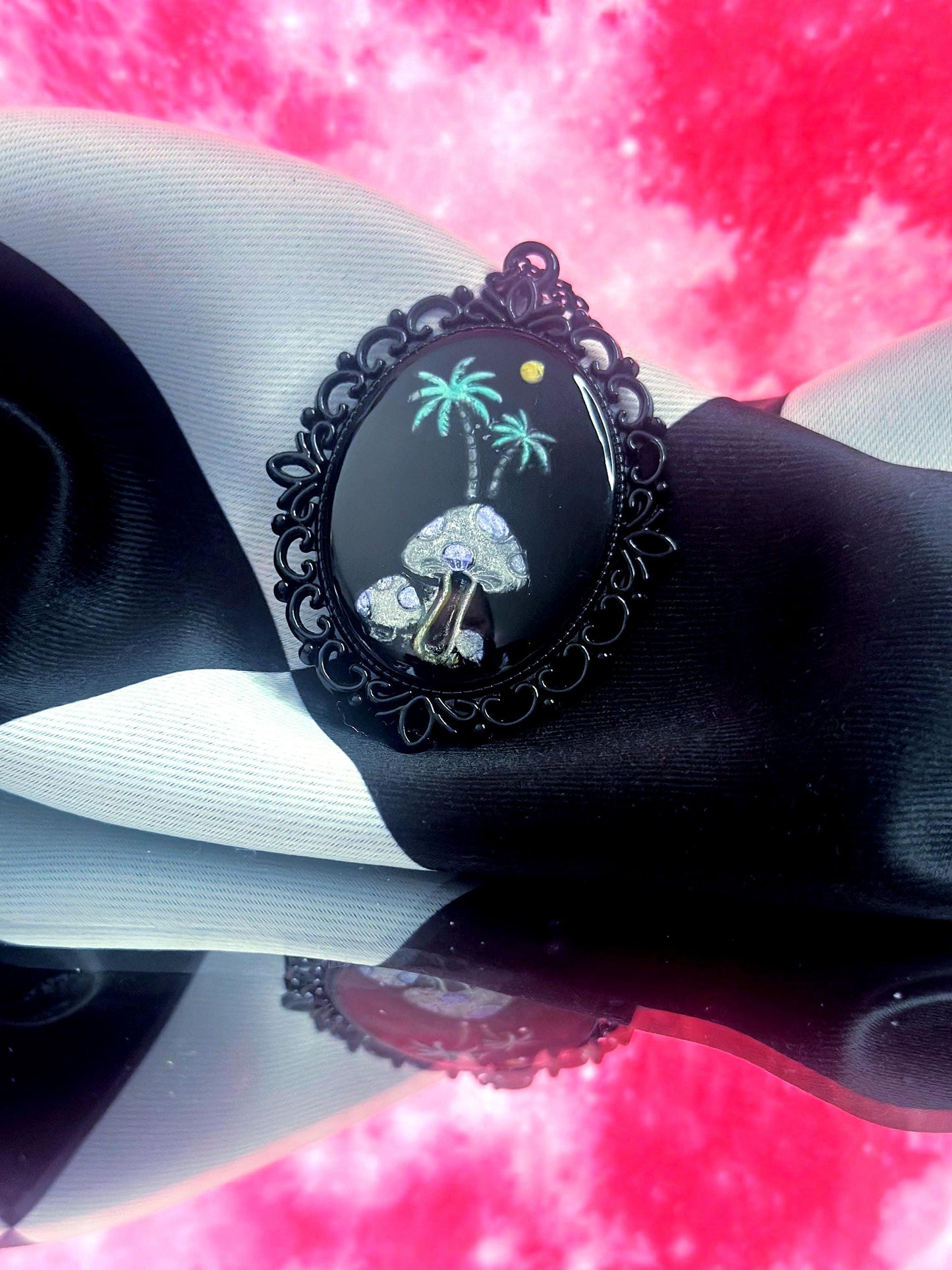 Mushroom Palm Tree Necklace — Gothic Relic Pendant, Hand Painted Wearable Art, One of a Kind Dark Cottagecore Jewelry