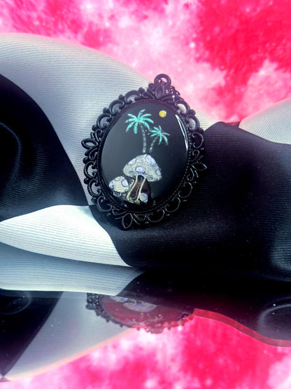 Mushroom Palm Tree Necklace — Gothic Relic Pendant, Hand Painted Wearable Art, One of a Kind Dark Cottagecore Jewelry