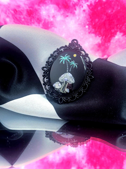 Mushroom Palm Tree Necklace — Gothic Relic Pendant, Hand Painted Wearable Art, One of a Kind Dark Cottagecore Jewelry