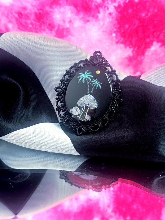 Mushroom Palm Tree Necklace — Gothic Relic Pendant, Hand Painted Wearable Art, One of a Kind Dark Cottagecore Jewelry