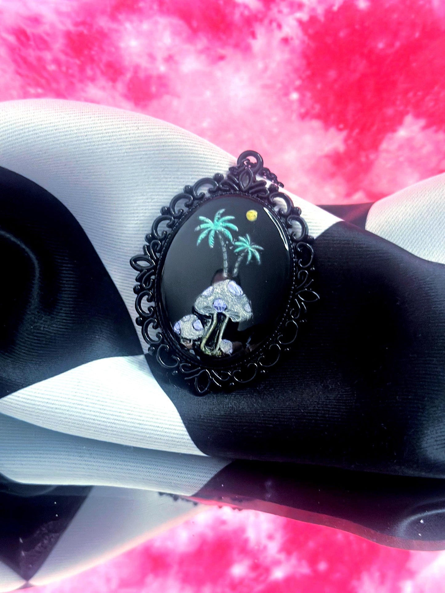 Mushroom Palm Tree Necklace — Gothic Relic Pendant, Hand Painted Wearable Art, One of a Kind Dark Cottagecore Jewelry