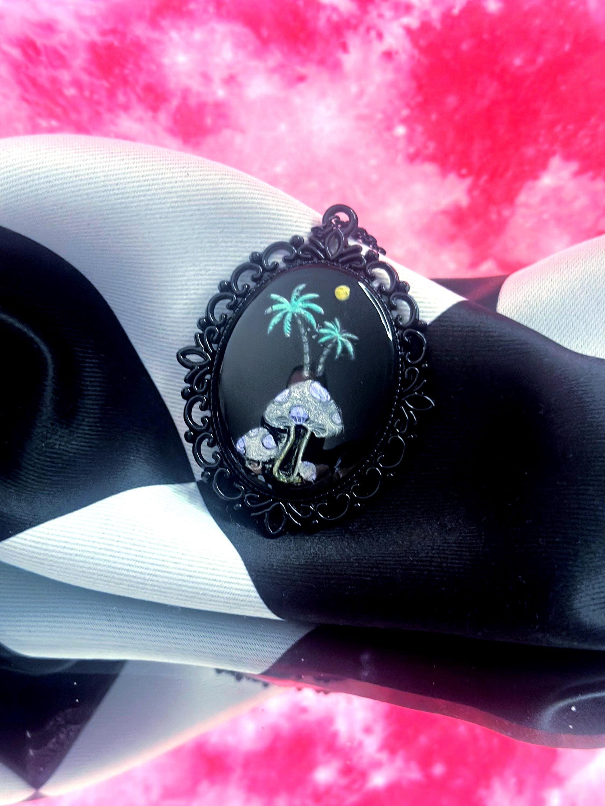 Mushroom Palm Tree Necklace — Gothic Relic Pendant, Hand Painted Wearable Art, One of a Kind Dark Cottagecore Jewelry