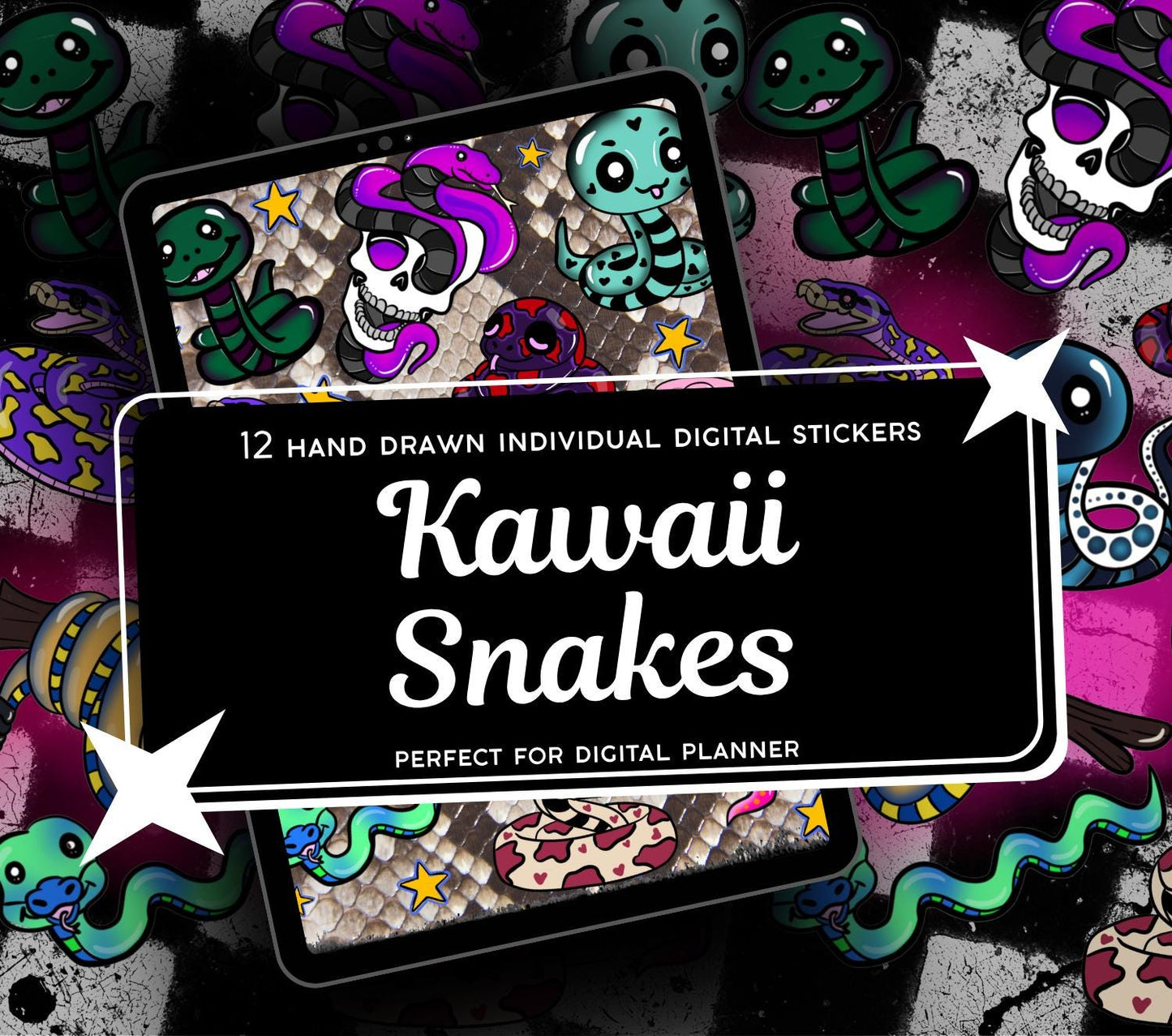 Kawaii Snake Digital Stickers, GoodNotes Stickers, Spooky iPad Stickers PNG, Gothic Digital Planner Stickers, Notability Stickers