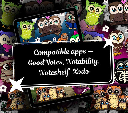 Kawaii Owl Digital Stickers, GoodNotes Stickers, Spooky iPad Stickers PNG, Gothic Digital Planner Stickers, Notability Stickers