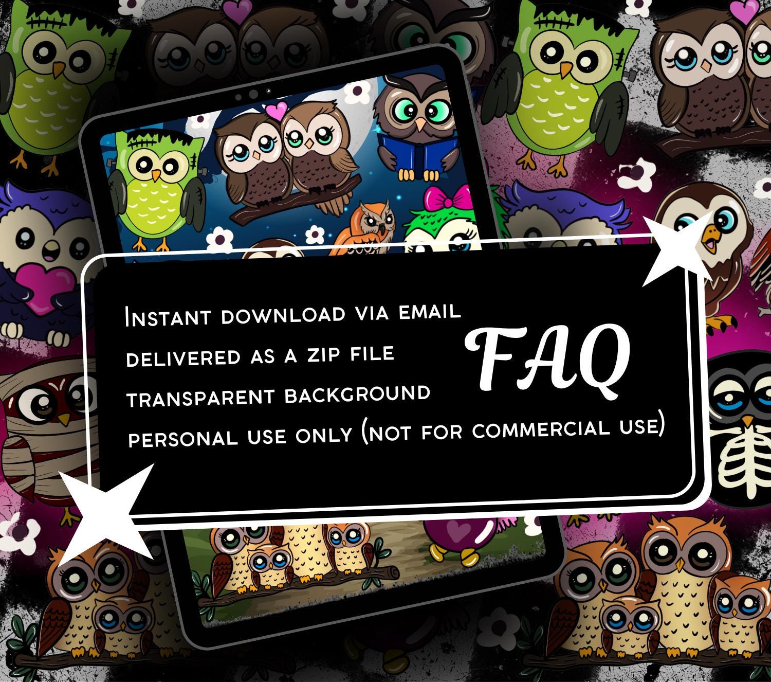 Kawaii Owl Digital Stickers, GoodNotes Stickers, Spooky iPad Stickers PNG, Gothic Digital Planner Stickers, Notability Stickers