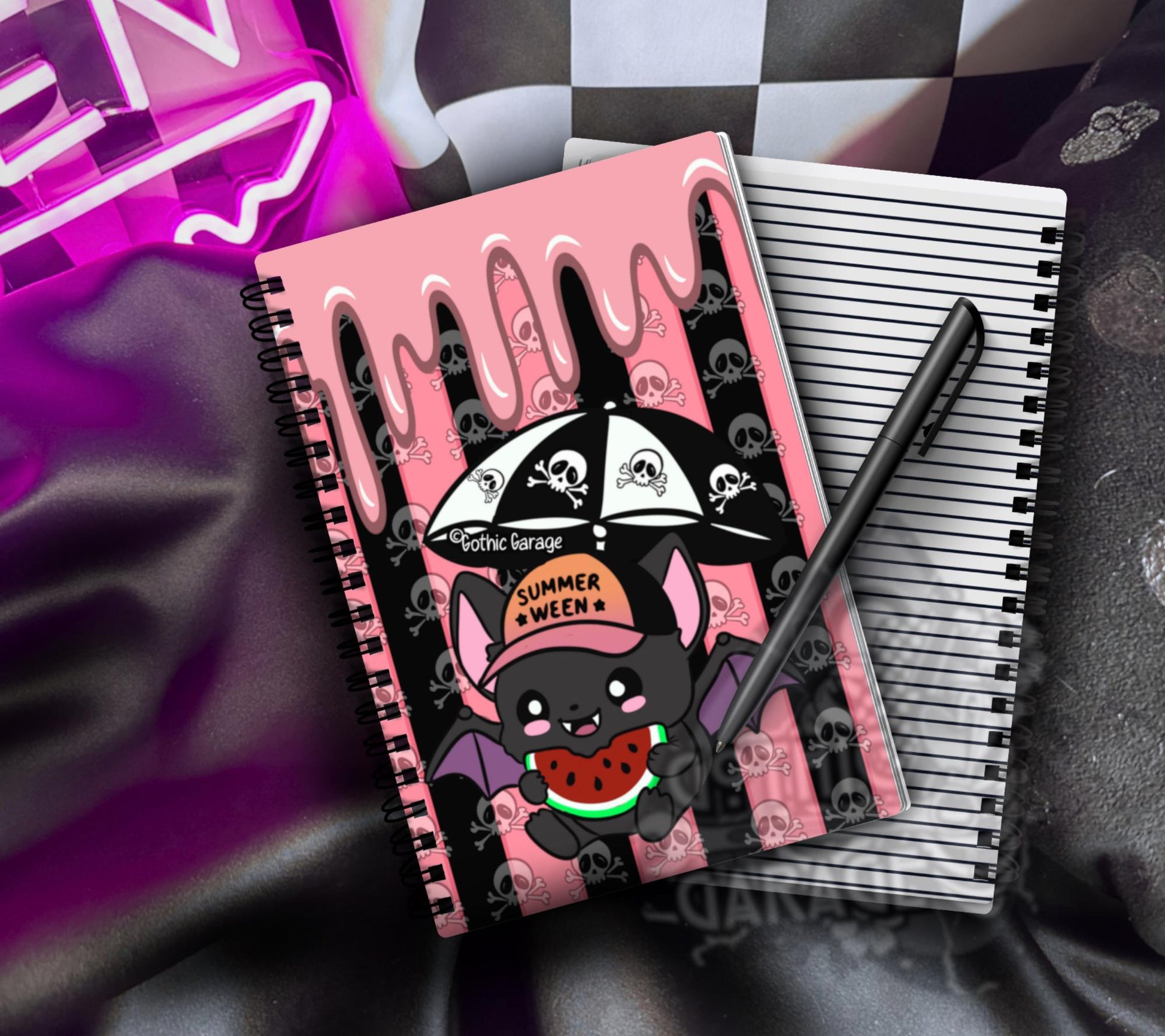 Summerween Bat Notebook, Spooky Cute Spiral Journal & Kawaii Goth Stationery