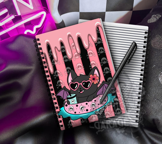 Summerween Pool Bat Notebook, Spooky Cute Spiral Journal & Kawaii Goth Stationery