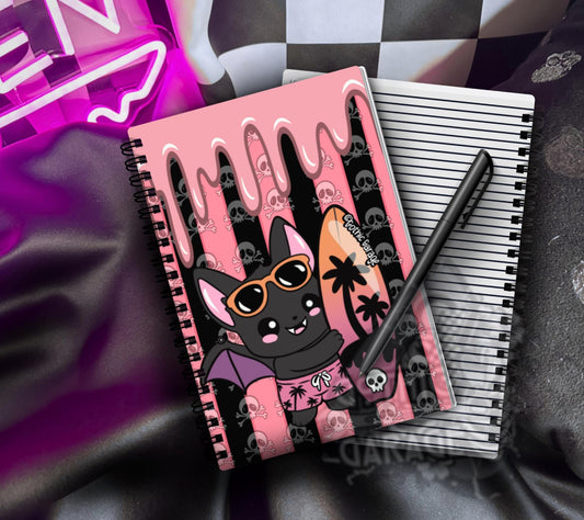 Summerween Surfer Bat Notebook, Spooky Cute Spiral Journal & Kawaii Goth Stationery