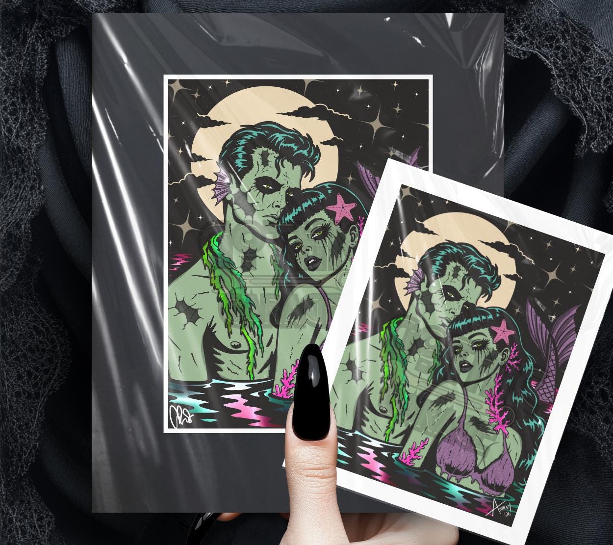 Monster Mermaid Art Print - Gothic Horror Couple Wall Art - Creature Romance Decor | Spooky Beach Goth Artwork