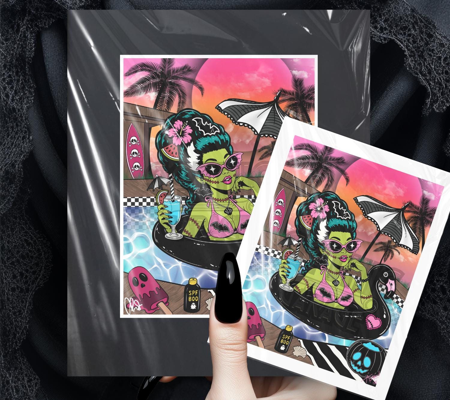 Summerween Queen Art Print - Beach Goth Wall Decor, Spooky Summer Pinup Art