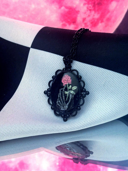 Skeleton Hand Rose Necklace — Gothic Relic Pendant, Hand Painted Wearable Art, One of a Kind Dark Romance Jewelry