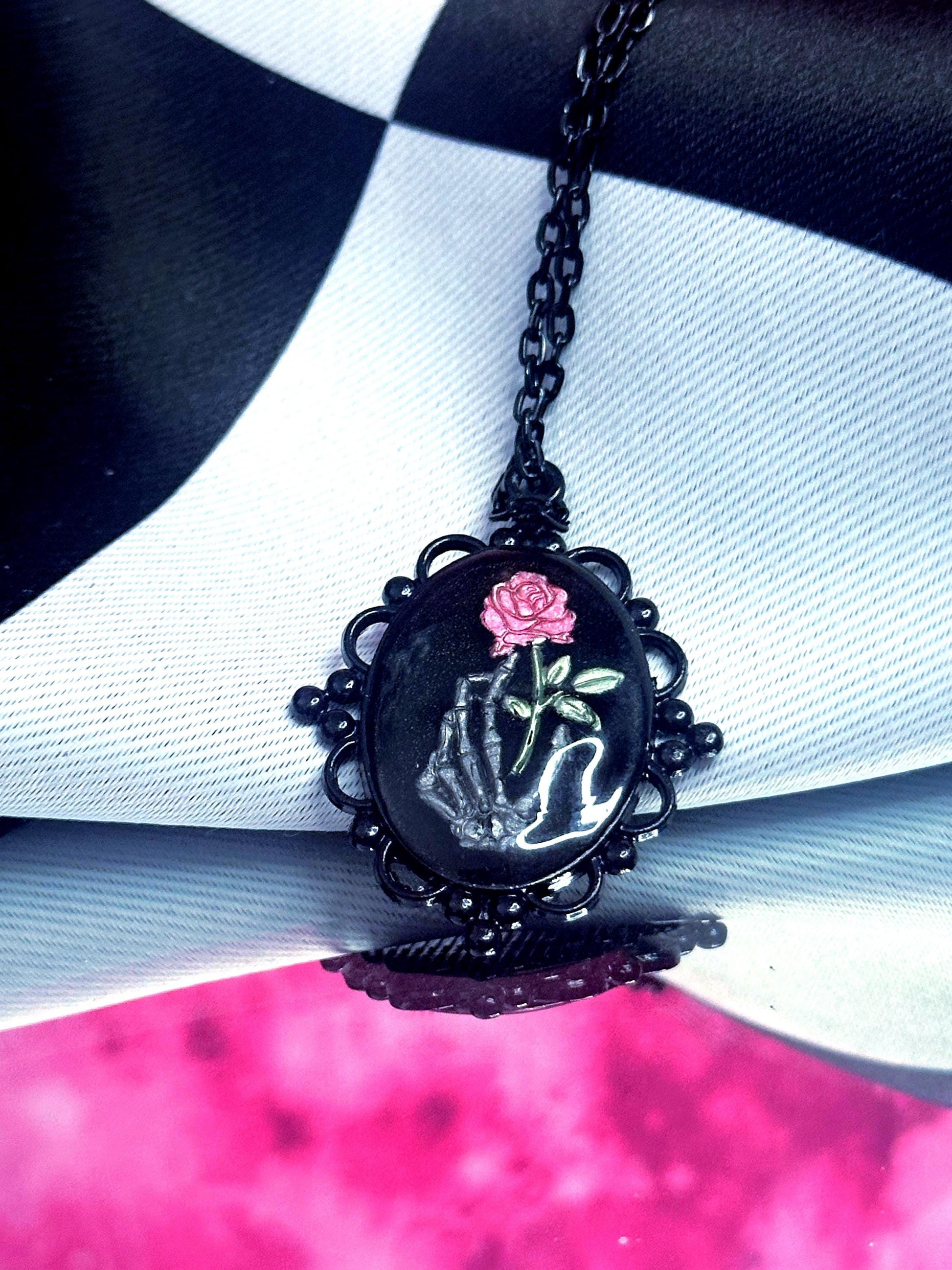 Skeleton Hand Rose Necklace — Gothic Relic Pendant, Hand Painted Wearable Art, One of a Kind Dark Romance Jewelry