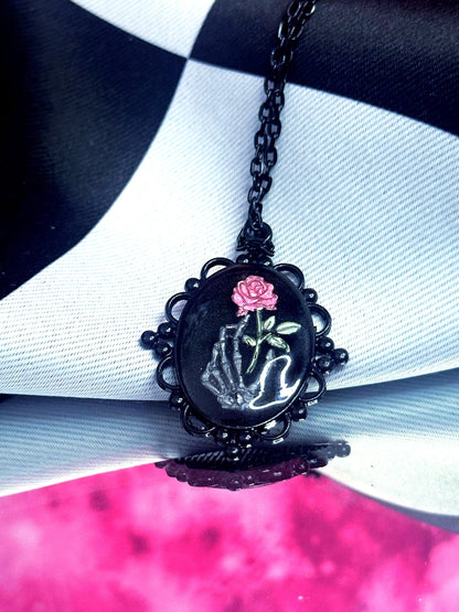 Skeleton Hand Rose Necklace — Gothic Relic Pendant, Hand Painted Wearable Art, One of a Kind Dark Romance Jewelry