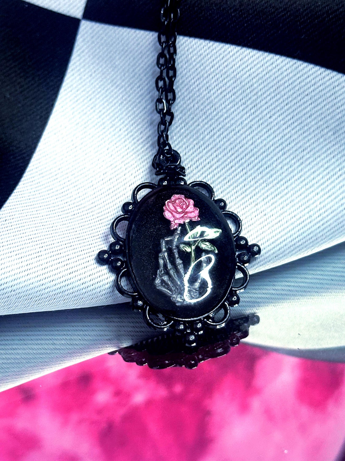 Skeleton Hand Rose Necklace — Gothic Relic Pendant, Hand Painted Wearable Art, One of a Kind Dark Romance Jewelry