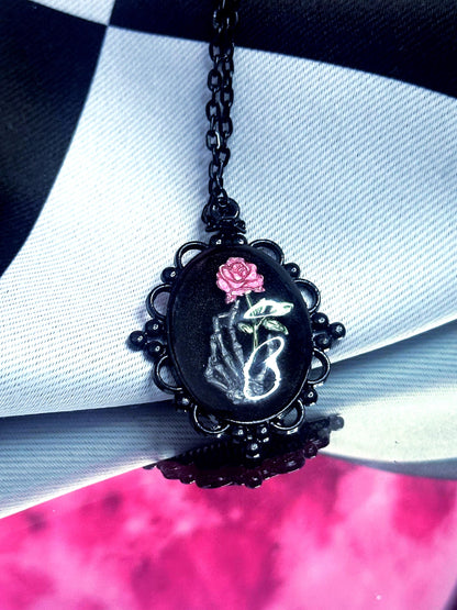 Skeleton Hand Rose Necklace — Gothic Relic Pendant, Hand Painted Wearable Art, One of a Kind Dark Romance Jewelry