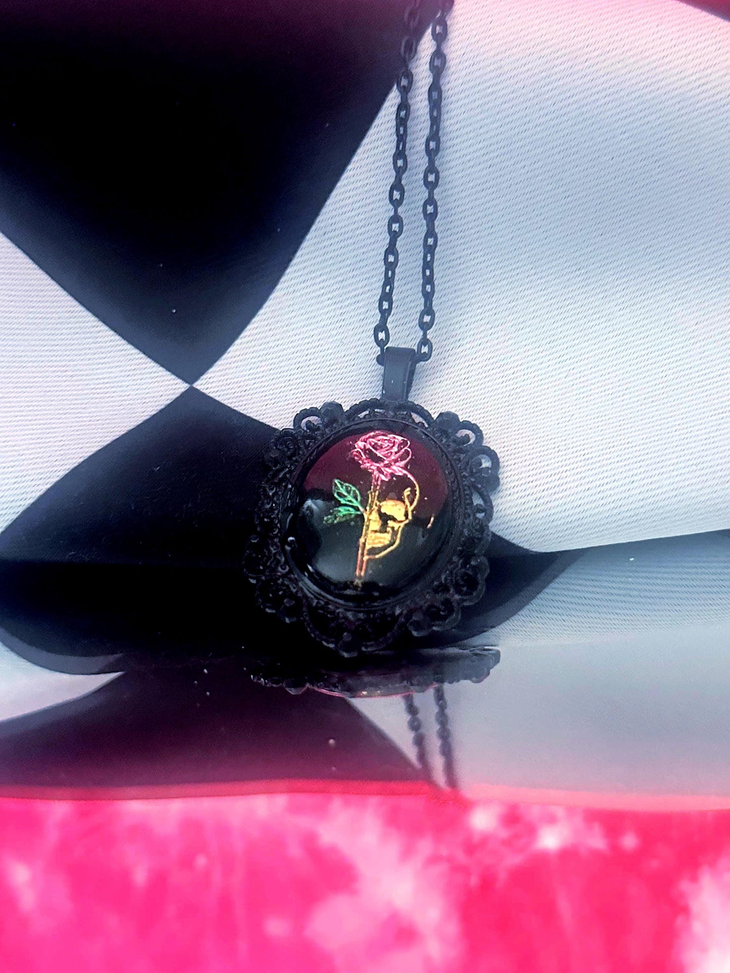 Skull Rose Necklace — Gothic Relic Pendant, Gold Leaf Wearable Art, One of a Kind Dark Romance Jewelry