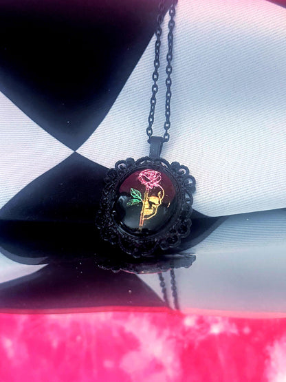 Skull Rose Necklace — Gothic Relic Pendant, Gold Leaf Wearable Art, One of a Kind Dark Romance Jewelry