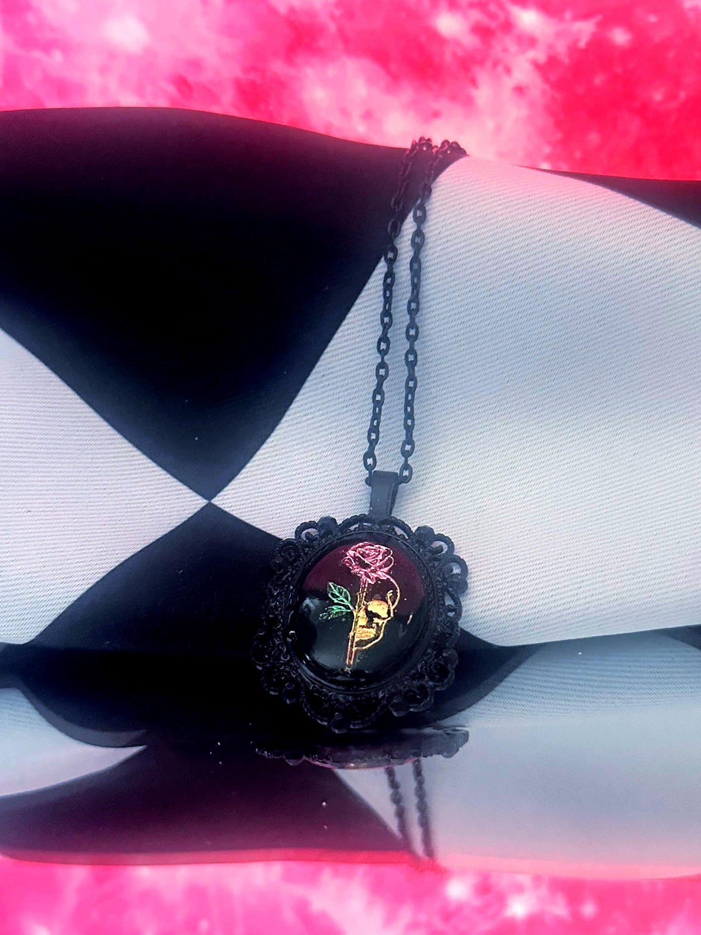 Skull Rose Necklace — Gothic Relic Pendant, Gold Leaf Wearable Art, One of a Kind Dark Romance Jewelry
