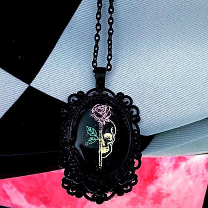 Skull Rose Necklace — Gothic Relic Pendant, Gold Leaf Wearable Art, One of a Kind Dark Romance Jewelry