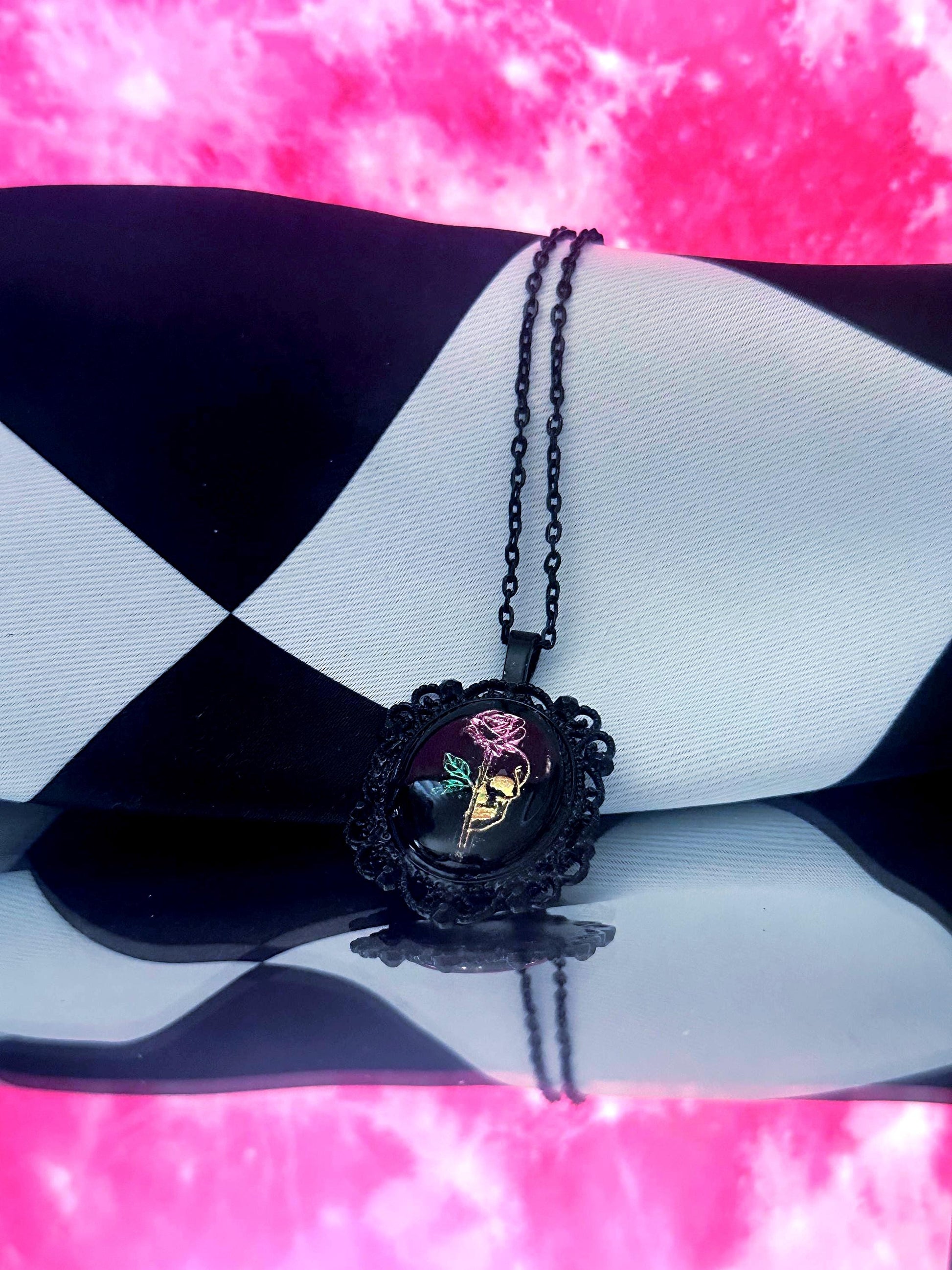 Skull Rose Necklace — Gothic Relic Pendant, Gold Leaf Wearable Art, One of a Kind Dark Romance Jewelry