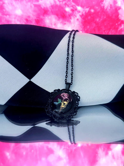 Skull Rose Necklace — Gothic Relic Pendant, Gold Leaf Wearable Art, One of a Kind Dark Romance Jewelry