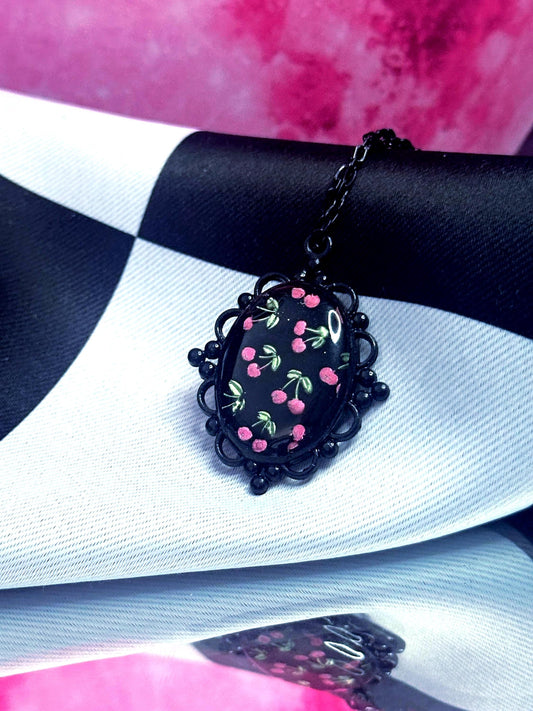 Cherry Necklace — Dark Cottagecore Relic Pendant, Hand Painted Wearable Art, One of a Kind Antique Style Jewelry