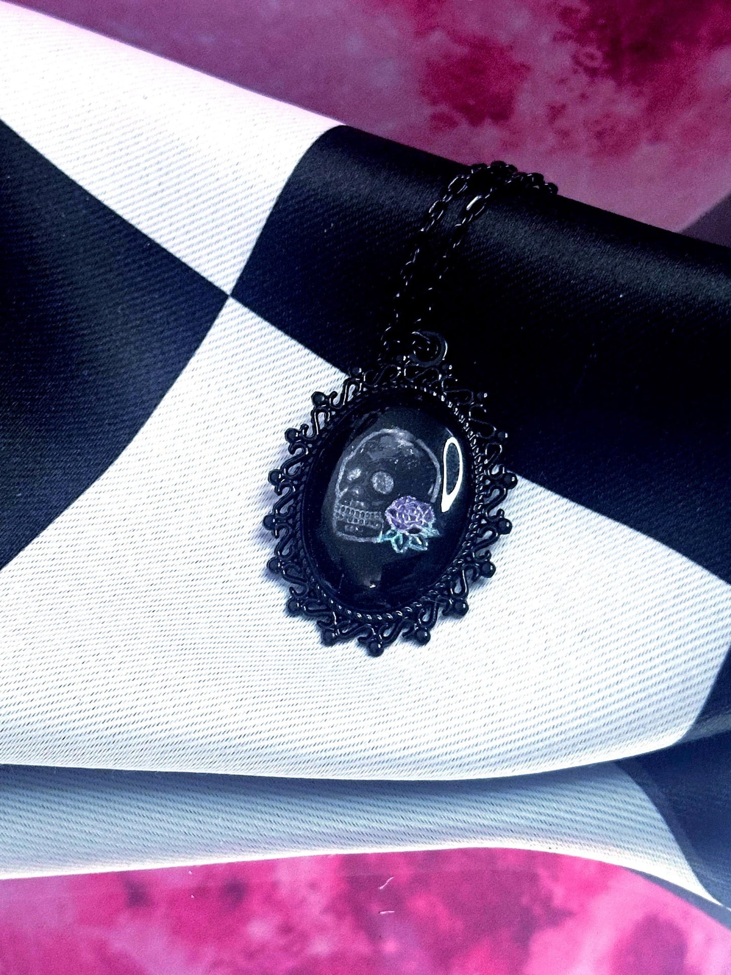 Skull Rose Necklace — Gothic Relic Pendant, Hand Painted Wearable Art, One of a Kind Dark Romance Jewelry