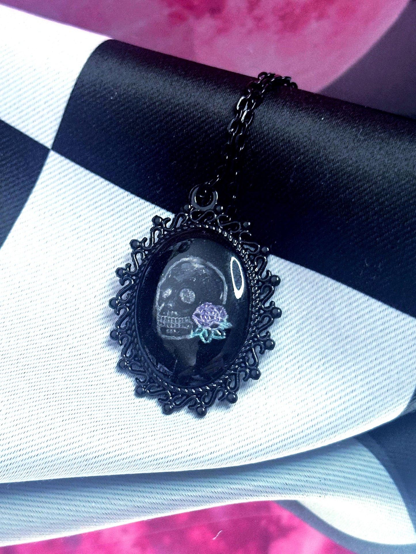 Skull Rose Necklace — Gothic Relic Pendant, Hand Painted Wearable Art, One of a Kind Dark Romance Jewelry