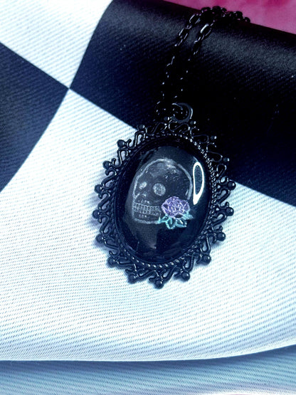 Skull Rose Necklace — Gothic Relic Pendant, Hand Painted Wearable Art, One of a Kind Dark Romance Jewelry