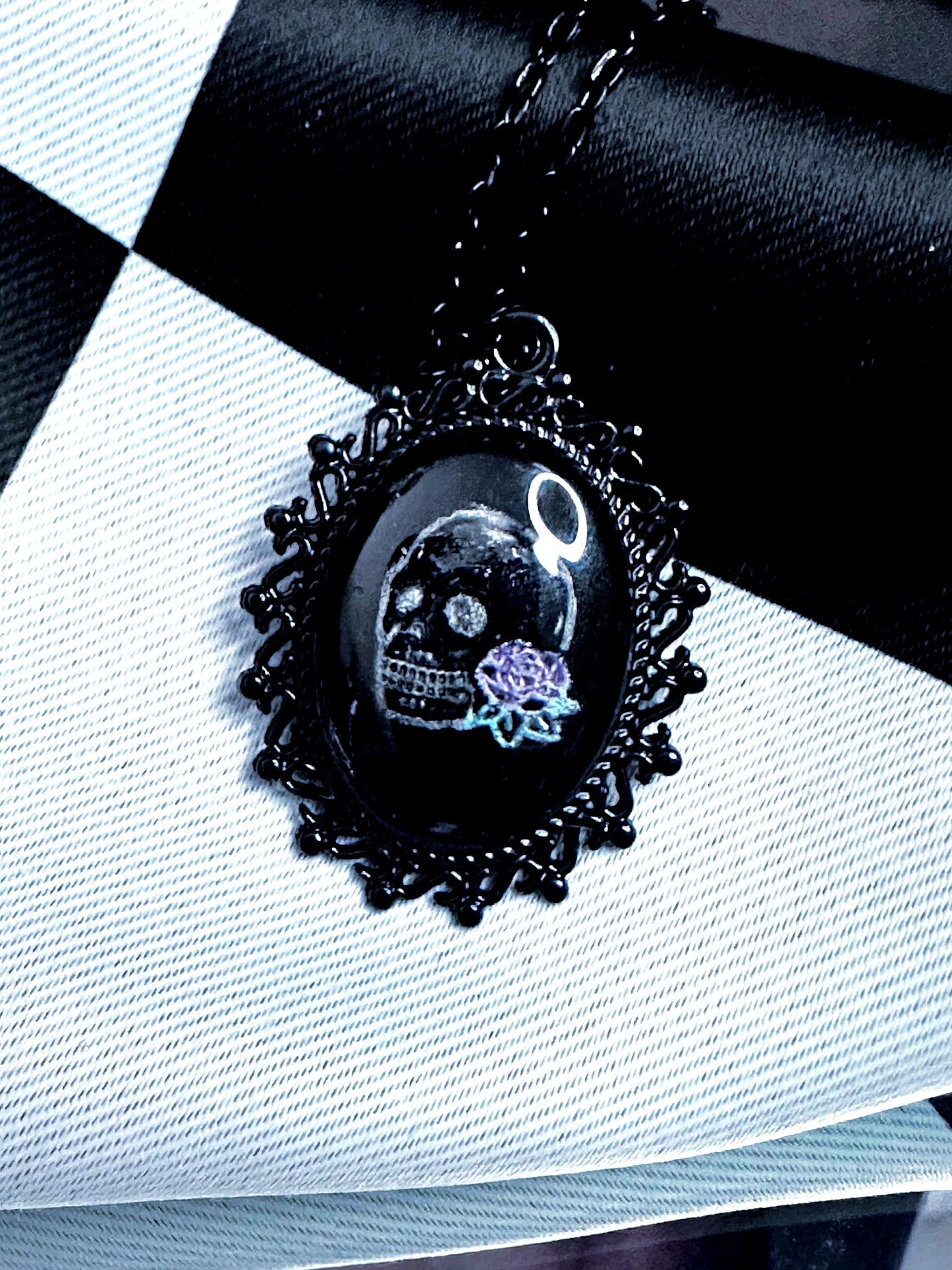 Skull Rose Necklace — Gothic Relic Pendant, Hand Painted Wearable Art, One of a Kind Dark Romance Jewelry