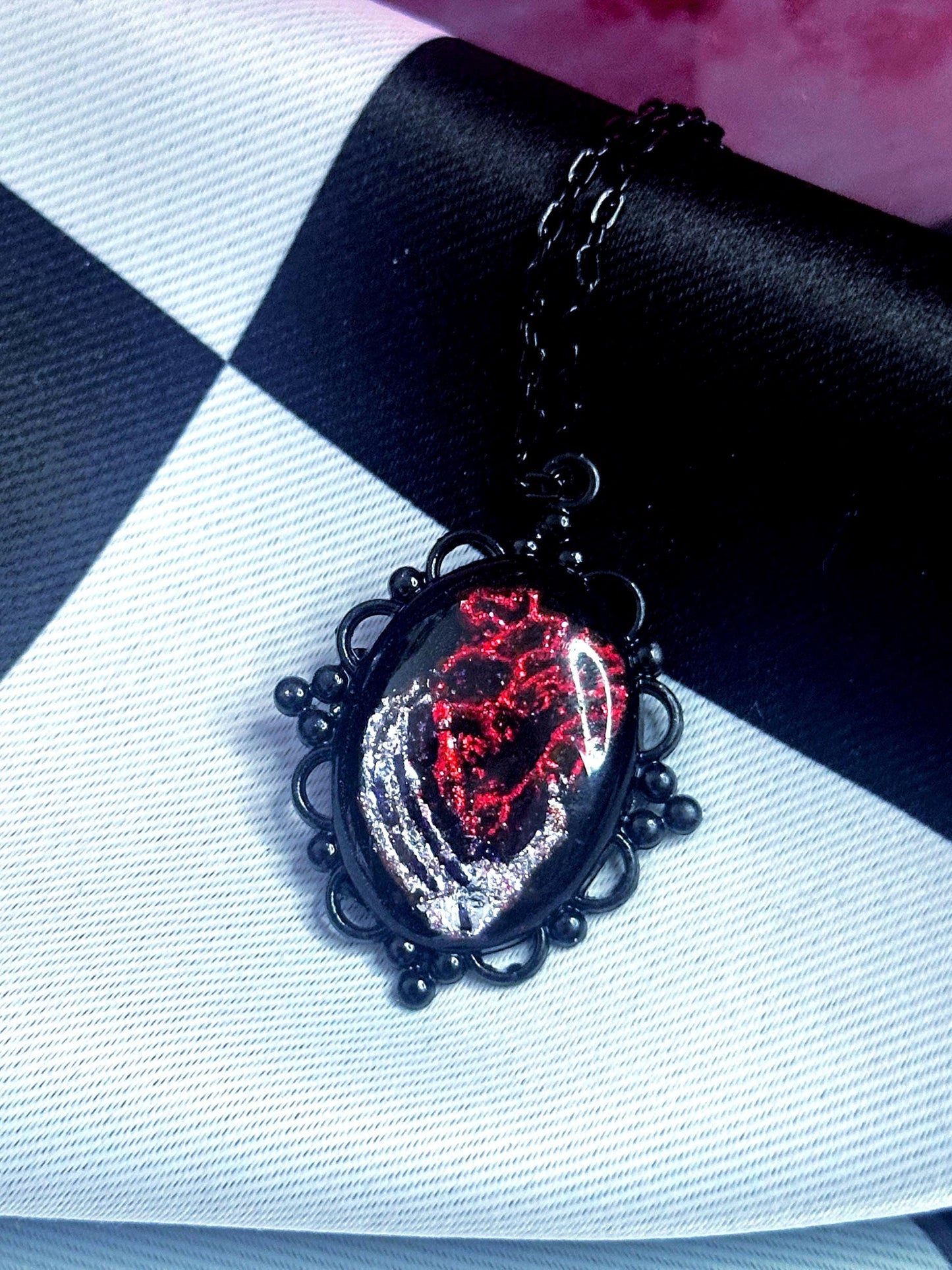 Anatomical Heart Necklace — Gothic Relic Pendant, Red and Silver Gold Leaf Wearable Art, One of a Kind Dark Romance Jewelry