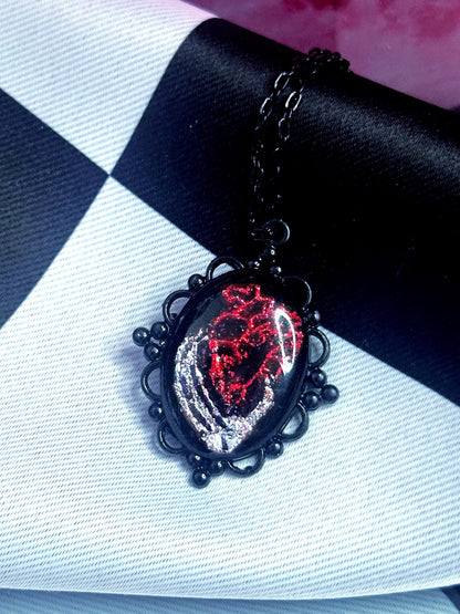 Anatomical Heart Necklace — Gothic Relic Pendant, Red and Silver Gold Leaf Wearable Art, One of a Kind Dark Romance Jewelry