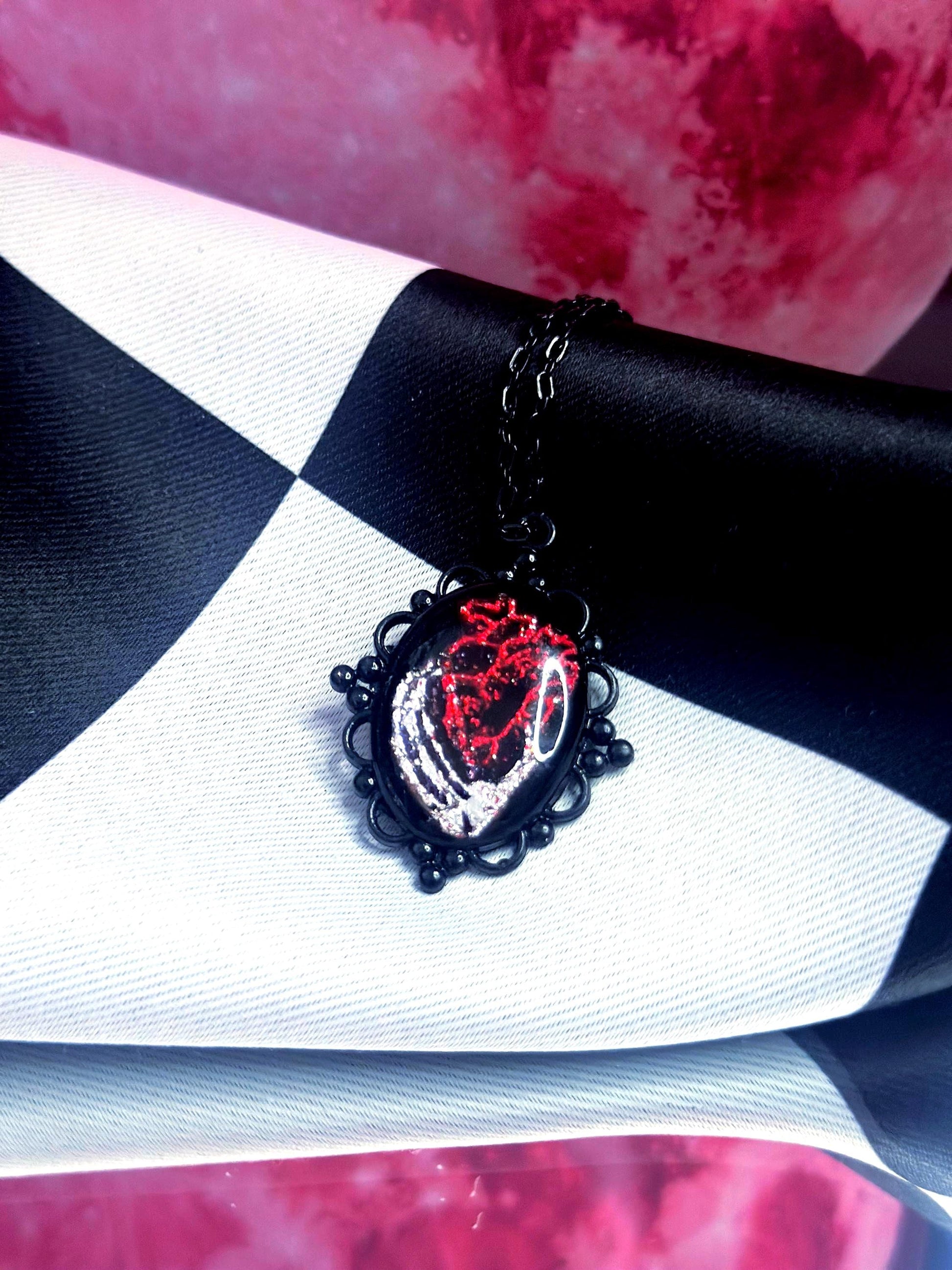 Anatomical Heart Necklace — Gothic Relic Pendant, Red and Silver Gold Leaf Wearable Art, One of a Kind Dark Romance Jewelry