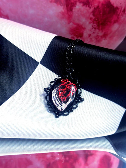 Anatomical Heart Necklace — Gothic Relic Pendant, Red and Silver Gold Leaf Wearable Art, One of a Kind Dark Romance Jewelry