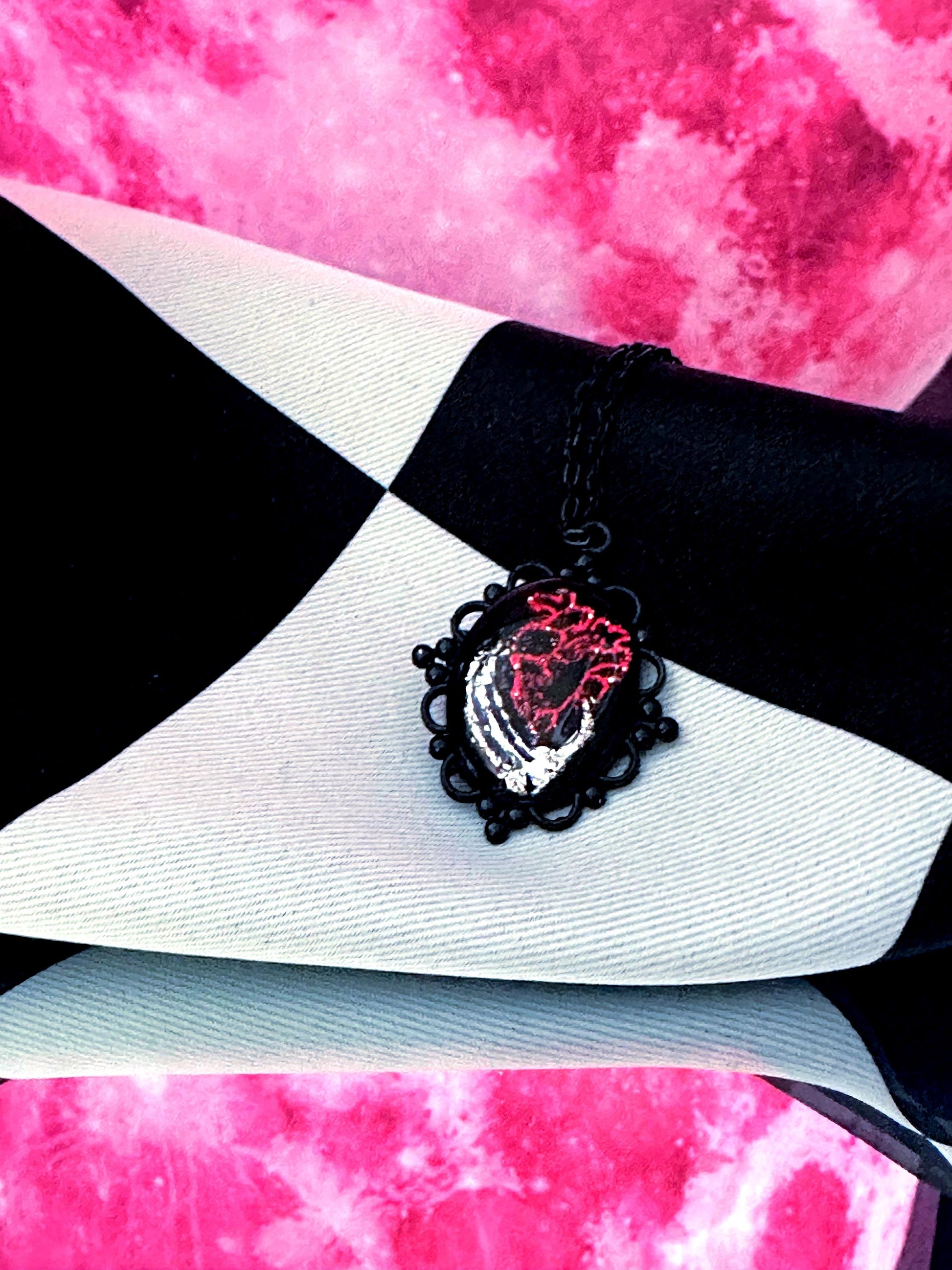 Anatomical Heart Necklace — Gothic Relic Pendant, Red and Silver Gold Leaf Wearable Art, One of a Kind Dark Romance Jewelry