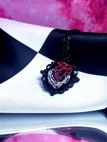 Anatomical Heart Necklace — Gothic Relic Pendant, Red and Silver Gold Leaf Wearable Art, One of a Kind Dark Romance Jewelry