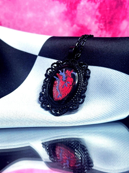 Anatomical Heart Necklace — Gothic Relic Pendant, Red Gold Leaf and Hand Painted Wearable Art, One of a Kind Dark Romance Jewelry