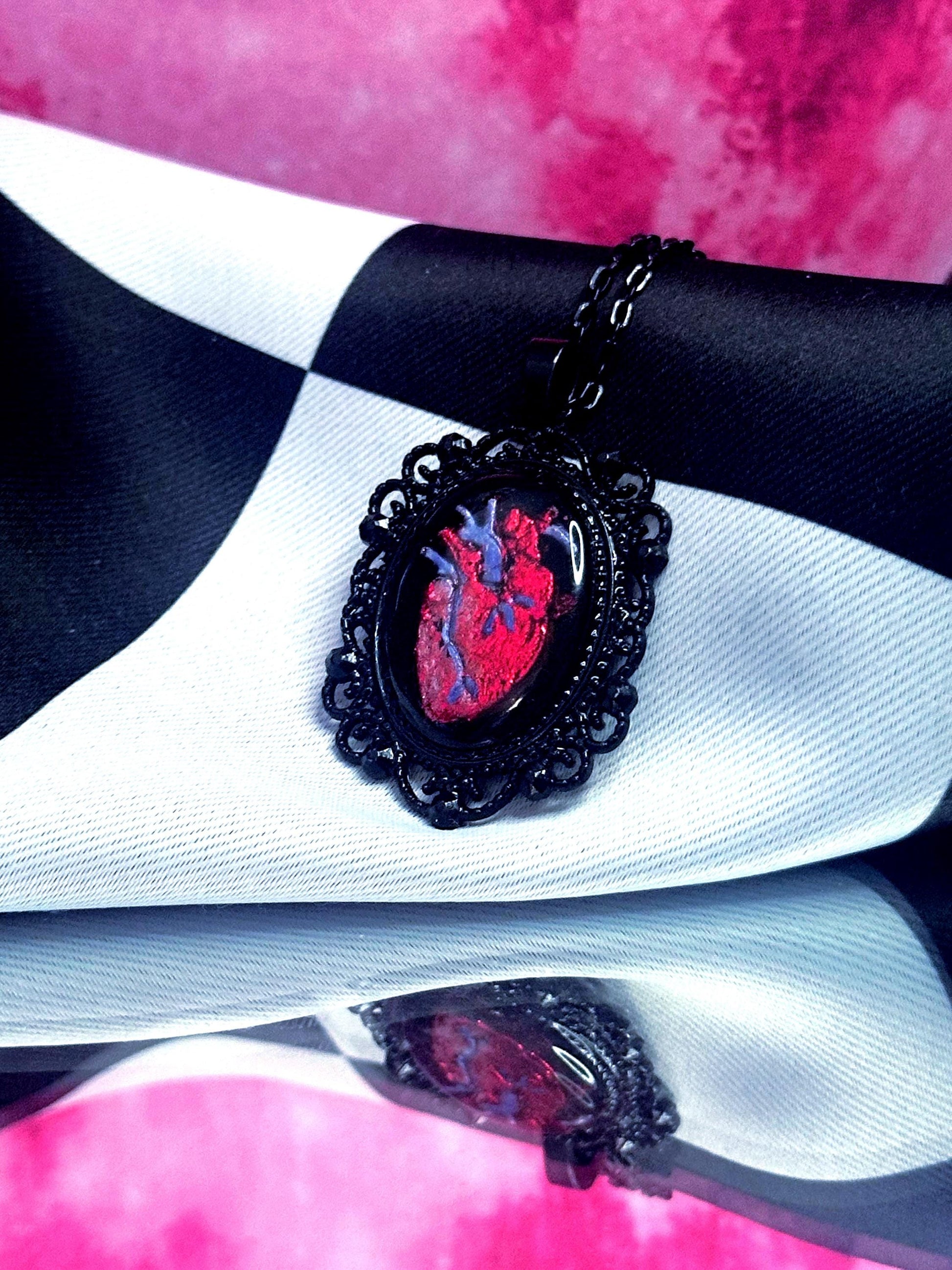 Anatomical Heart Necklace — Gothic Relic Pendant, Red Gold Leaf and Hand Painted Wearable Art, One of a Kind Dark Romance Jewelry
