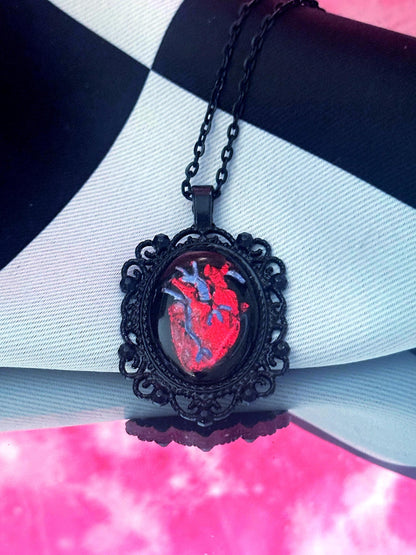 Anatomical Heart Necklace — Gothic Relic Pendant, Red Gold Leaf and Hand Painted Wearable Art, One of a Kind Dark Romance Jewelry