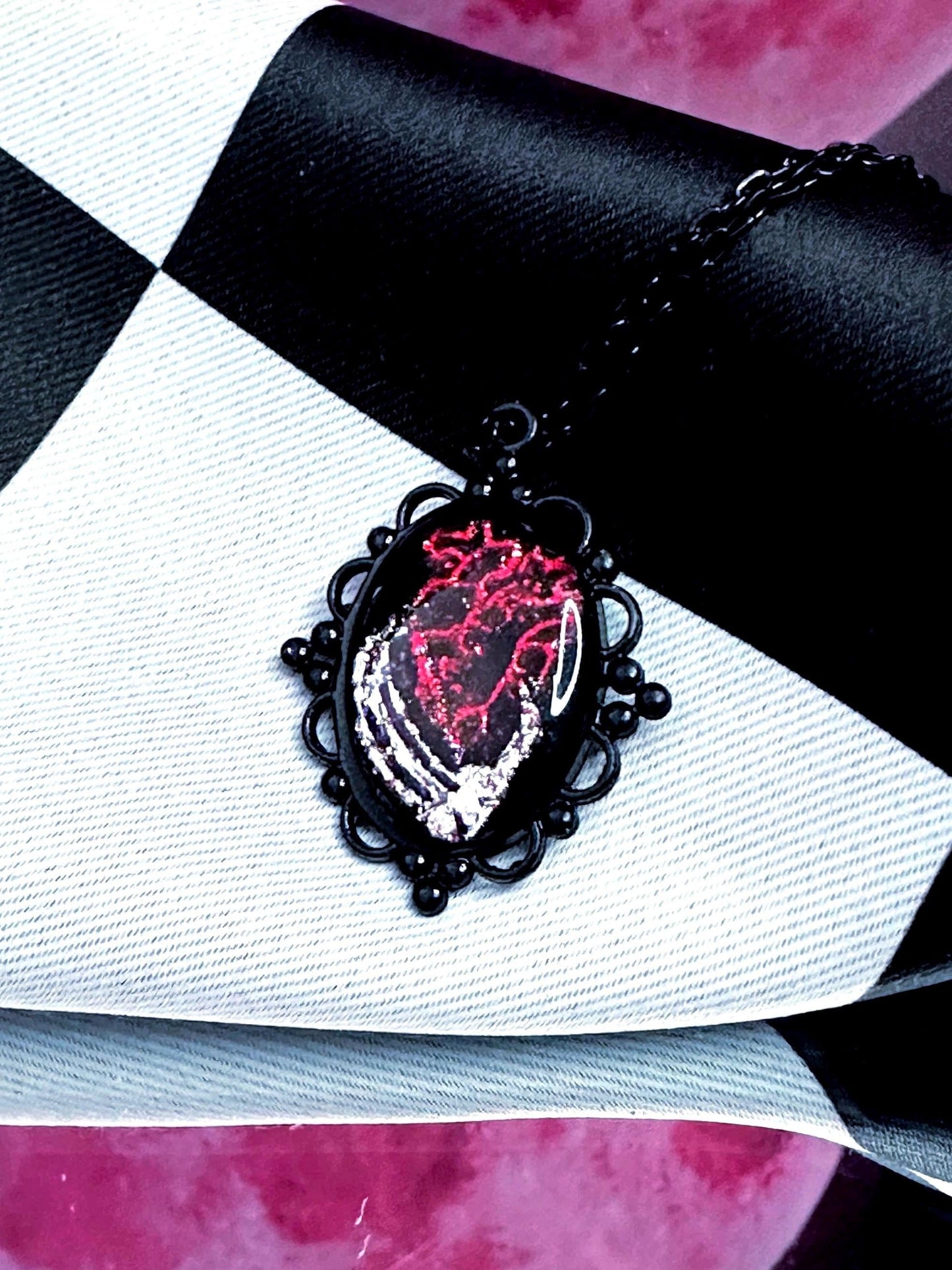 Anatomical Heart Necklace — Gothic Relic Pendant, Red and Silver Gold Leaf Wearable Art, One of a Kind Dark Romance Jewelry