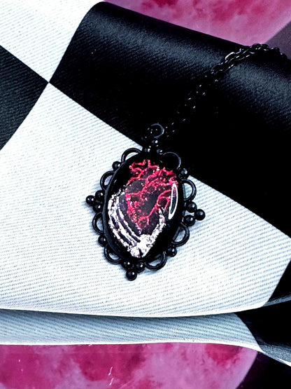 Anatomical Heart Necklace — Gothic Relic Pendant, Red and Silver Gold Leaf Wearable Art, One of a Kind Dark Romance Jewelry