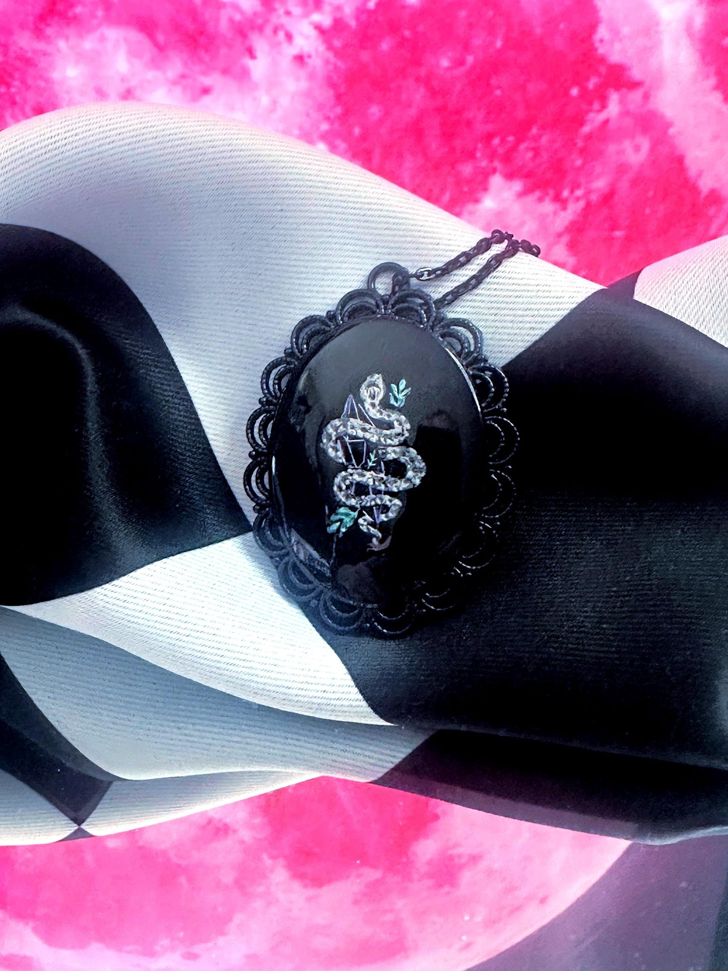 Snake and Crystal Necklace — Gothic Relic Pendant, Hand Painted Wearable Art, One of a Kind Witchy Dark Romance Jewelry