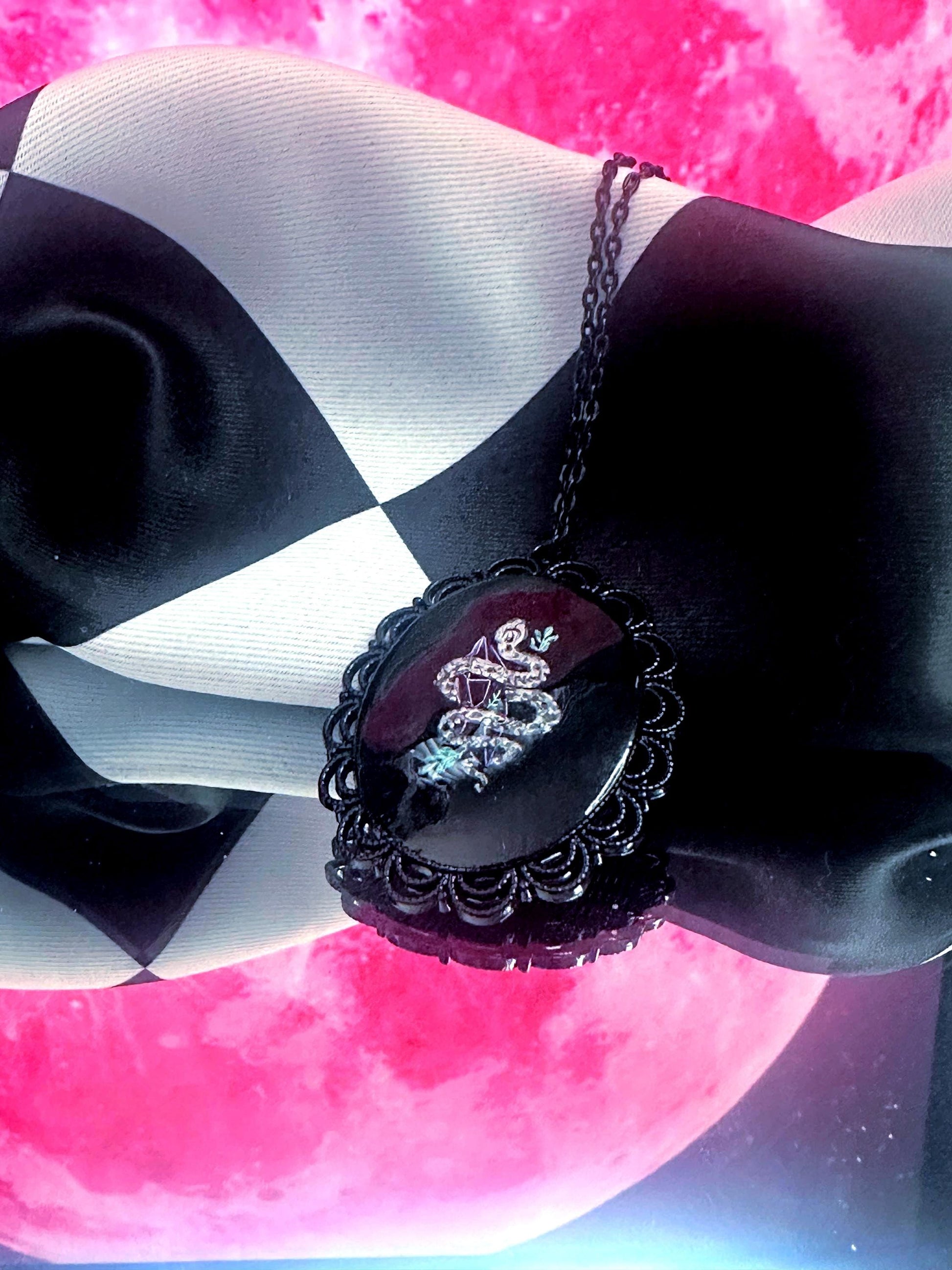 Snake and Crystal Necklace — Gothic Relic Pendant, Hand Painted Wearable Art, One of a Kind Witchy Dark Romance Jewelry