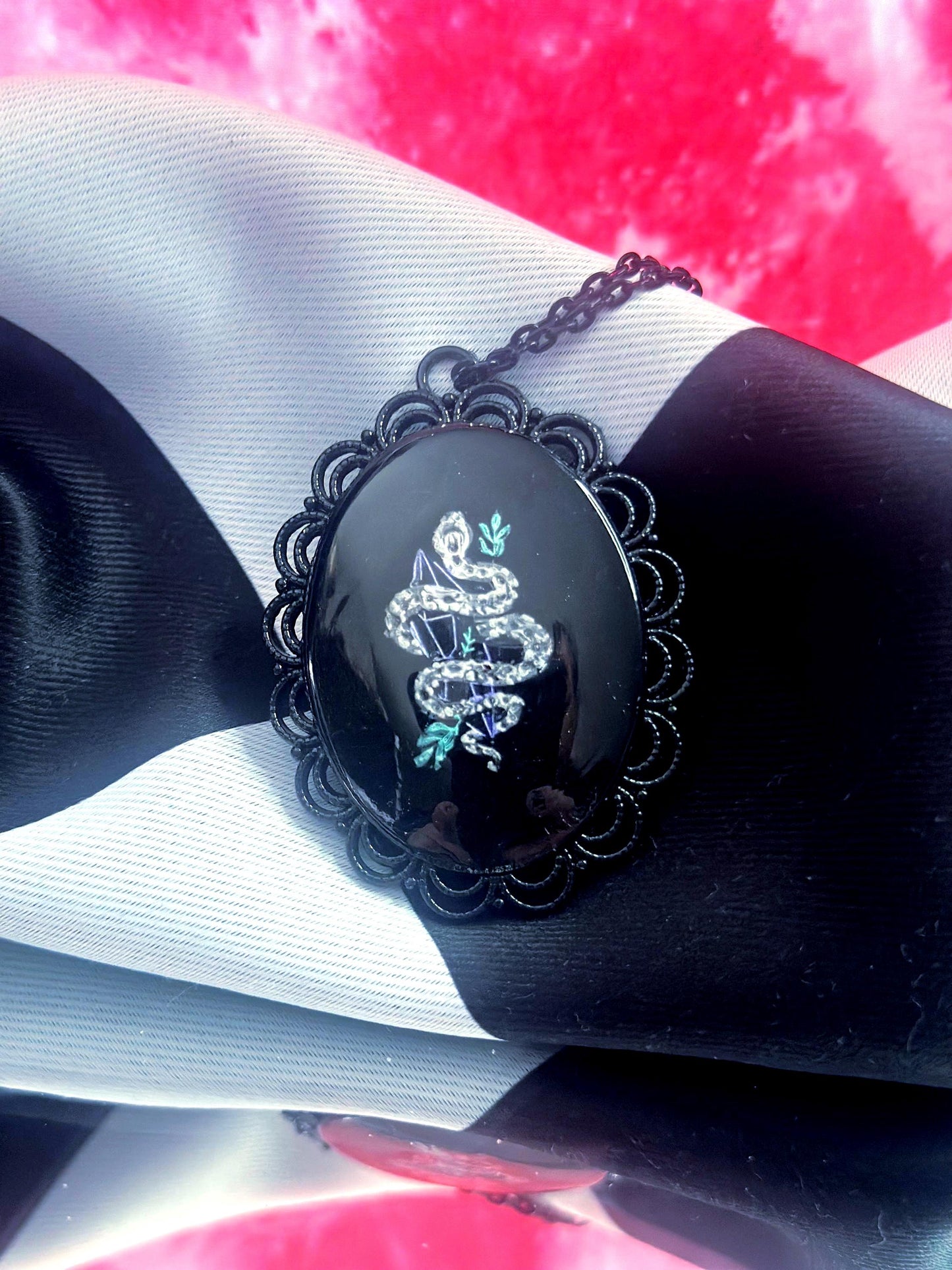 Snake and Crystal Necklace — Gothic Relic Pendant, Hand Painted Wearable Art, One of a Kind Witchy Dark Romance Jewelry
