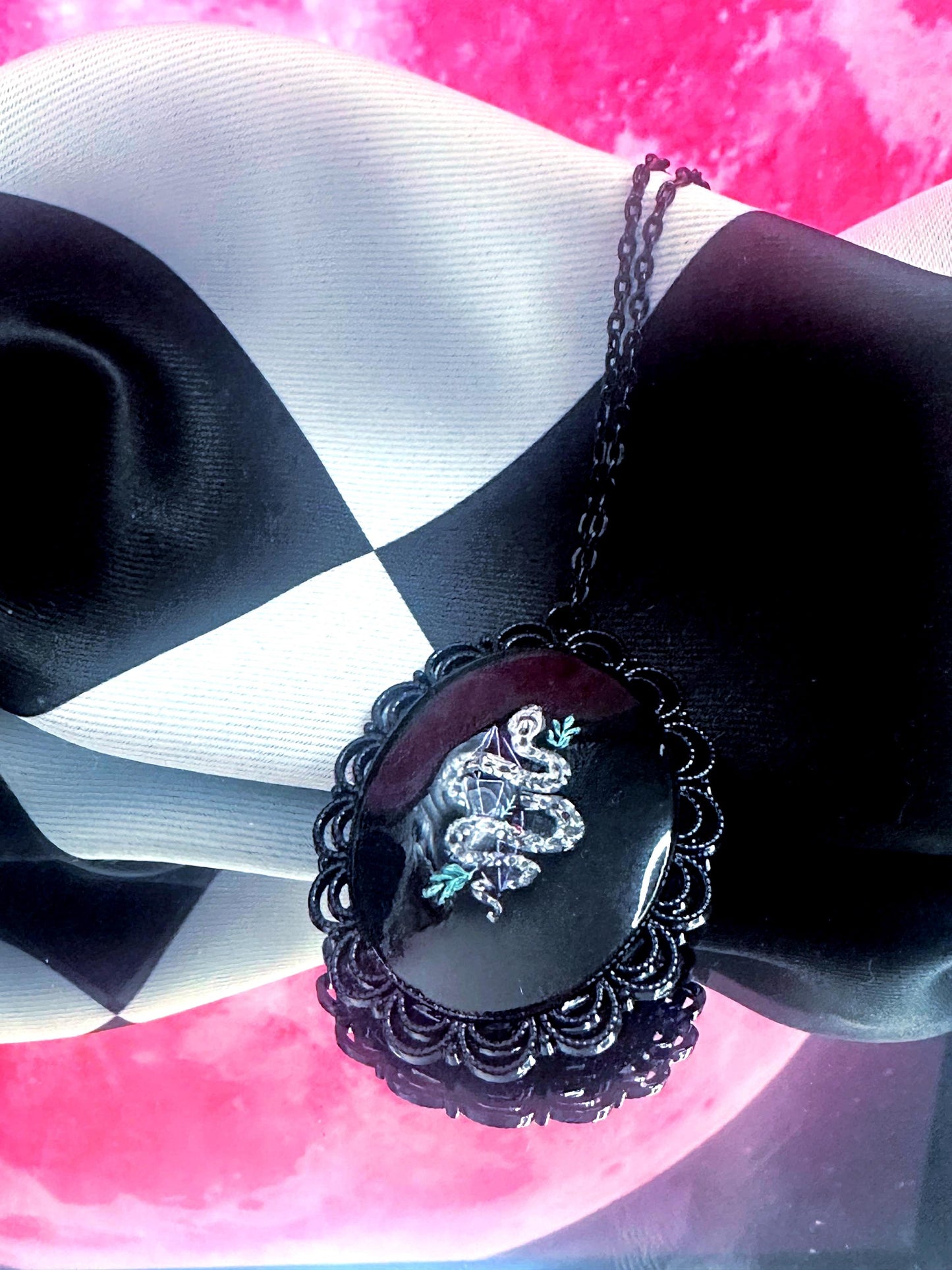Snake and Crystal Necklace — Gothic Relic Pendant, Hand Painted Wearable Art, One of a Kind Witchy Dark Romance Jewelry
