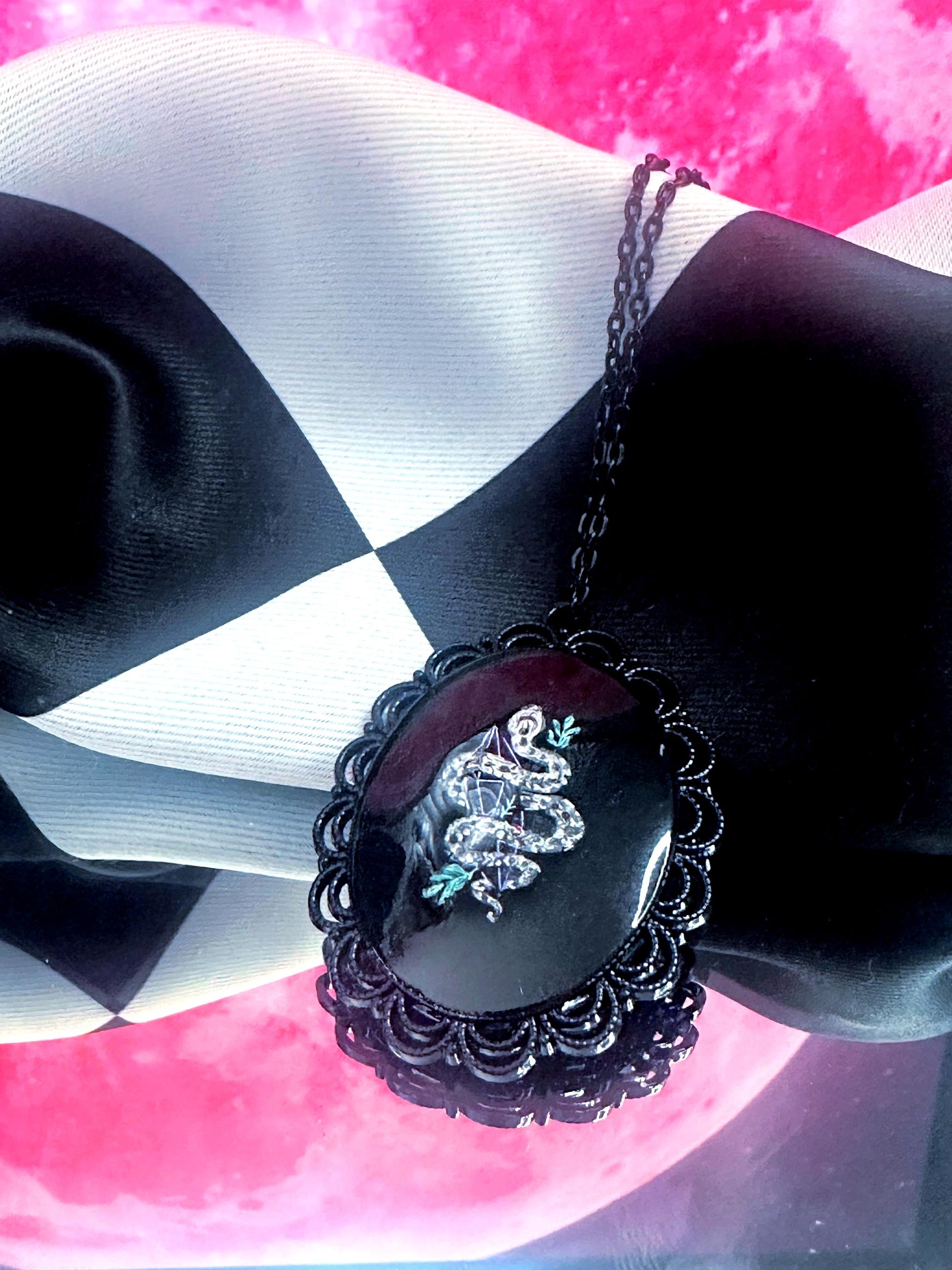 Snake and Crystal Necklace — Gothic Relic Pendant, Hand Painted Wearable Art, One of a Kind Witchy Dark Romance Jewelry