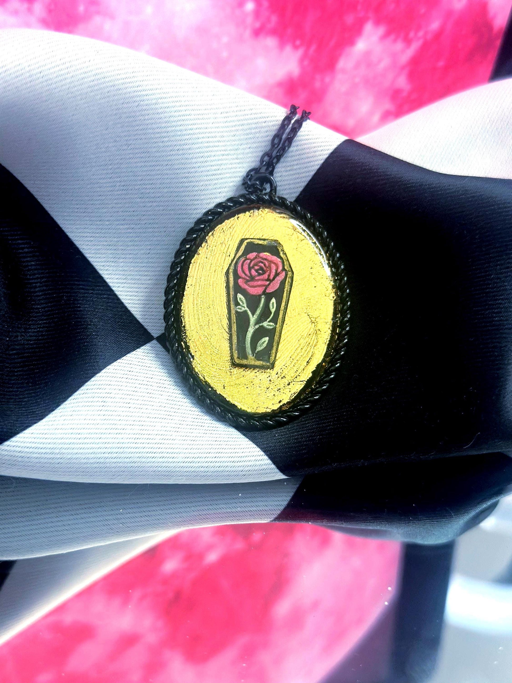 Coffin Rose Necklace — Gothic Relic Pendant, Gold Leaf and Hand Painted Wearable Art, One of a Kind Dark Romance Jewelry