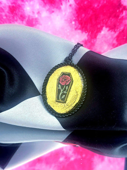 Coffin Rose Necklace — Gothic Relic Pendant, Gold Leaf and Hand Painted Wearable Art, One of a Kind Dark Romance Jewelry